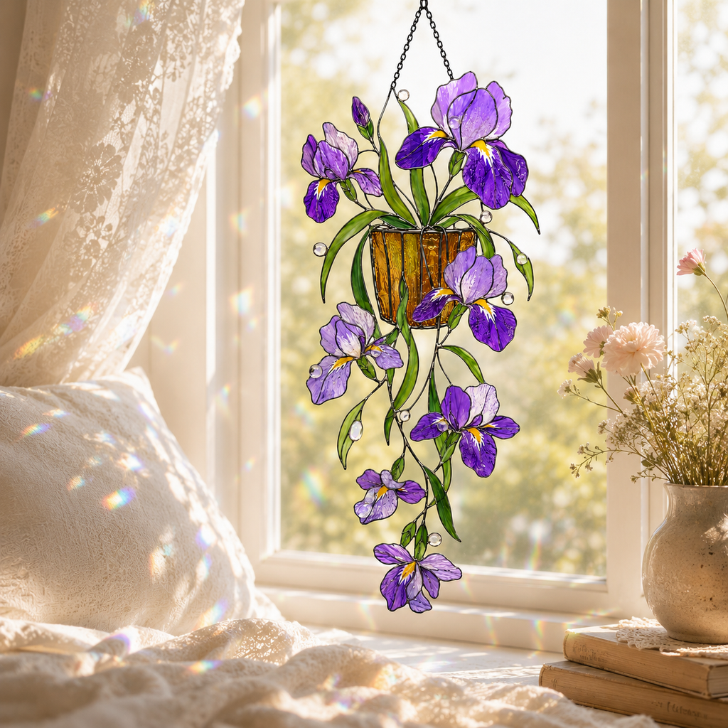 Purple Iris Hanging Basket Holographic Acrylic Suncatcher