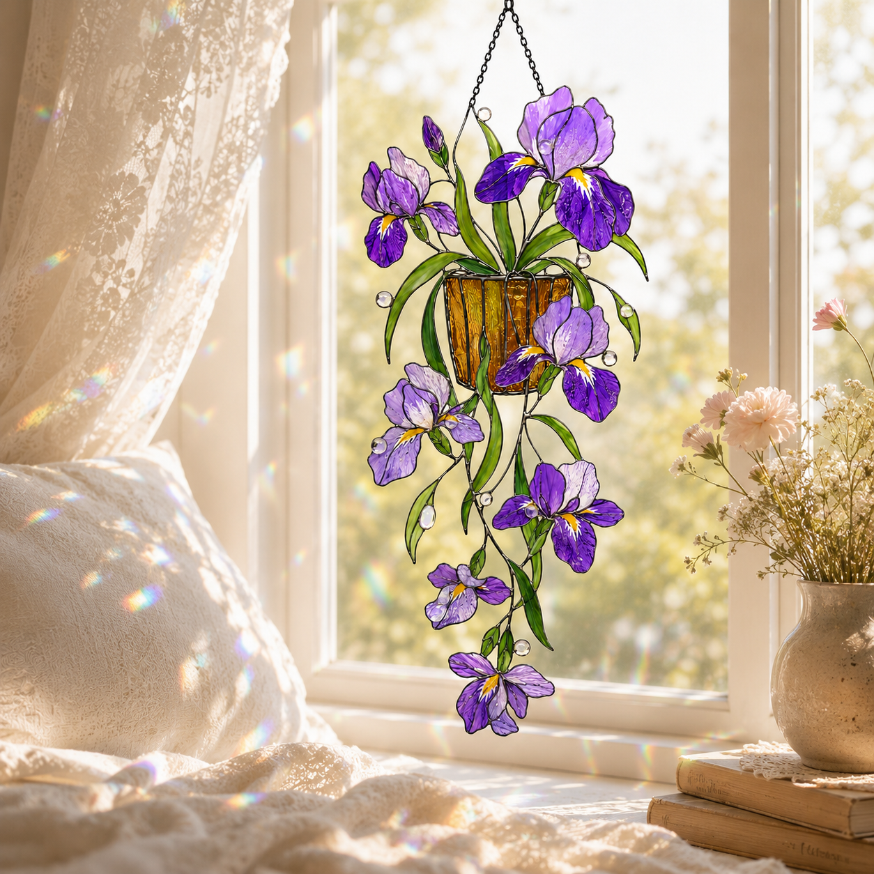 Purple Iris Hanging Basket Holographic Acrylic Suncatcher