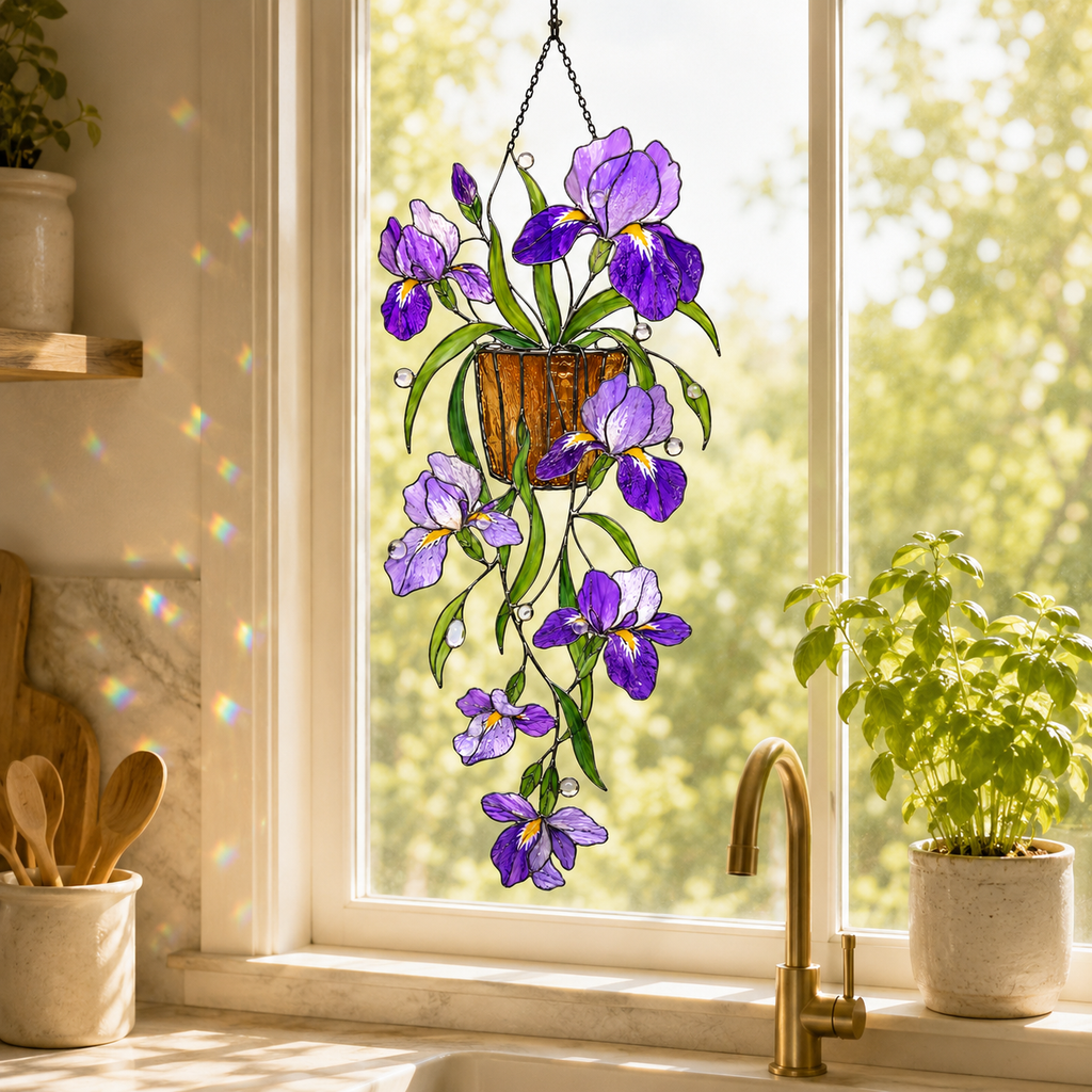Purple Iris Hanging Basket Holographic Acrylic Suncatcher