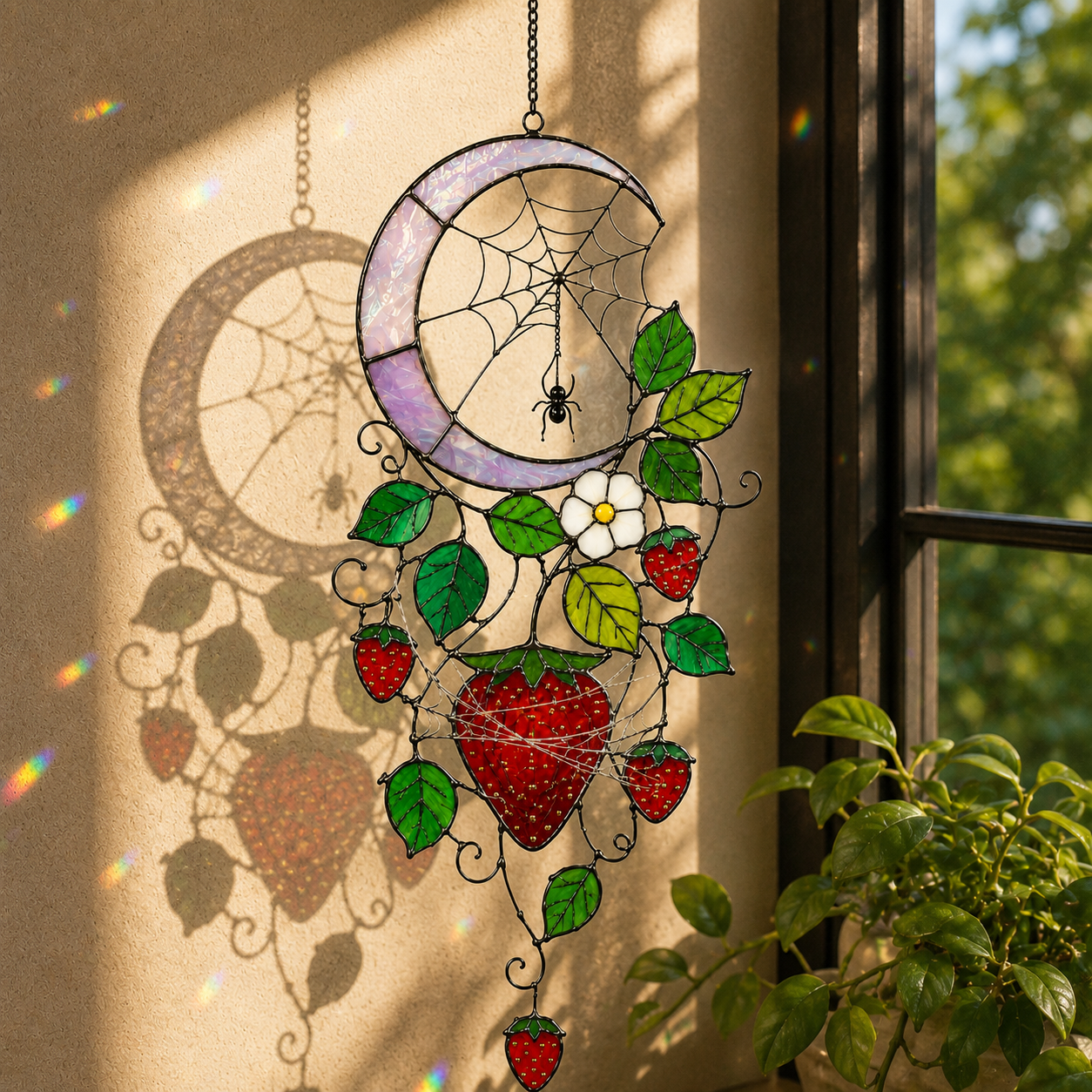 Strawberry Crescent Moon Holographic Acrylic Suncatcher
