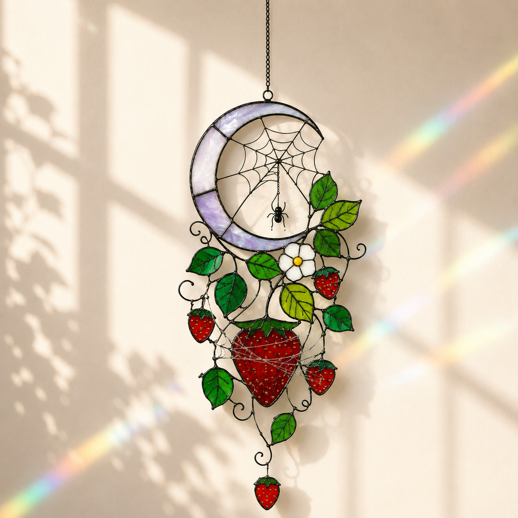Strawberry Crescent Moon Holographic Acrylic Suncatcher