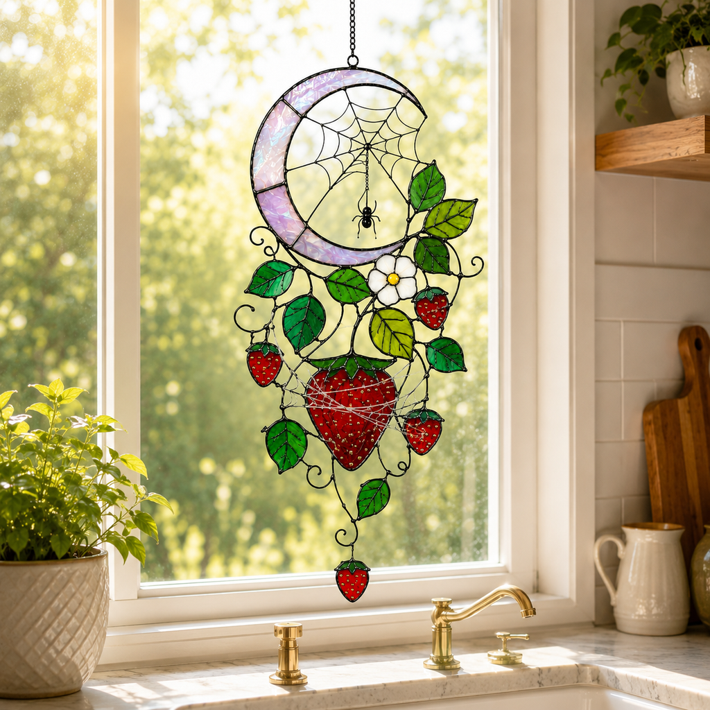 Strawberry Crescent Moon Holographic Acrylic Suncatcher