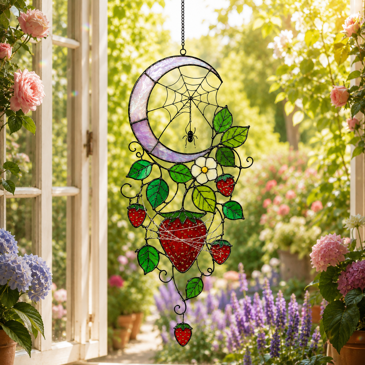 Strawberry Crescent Moon Holographic Acrylic Suncatcher