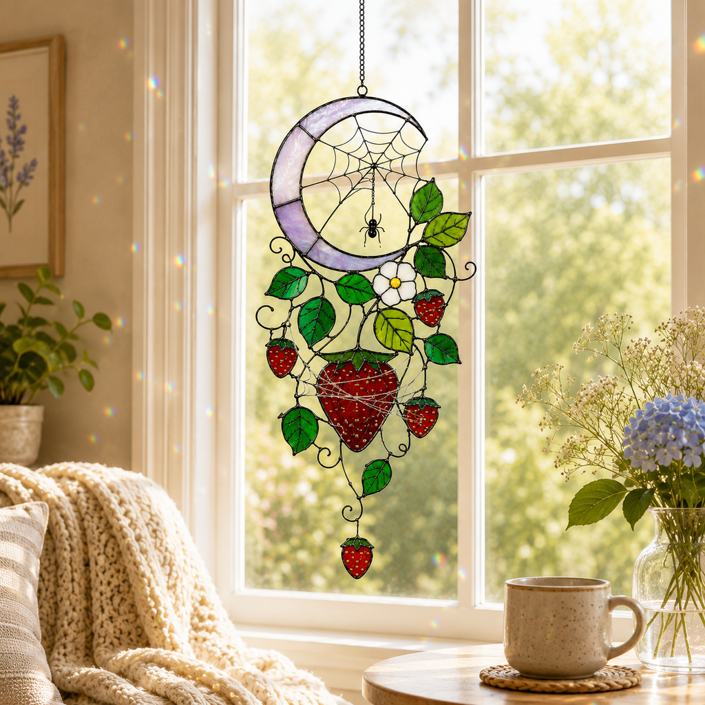 Strawberry Crescent Moon Holographic Acrylic Suncatcher