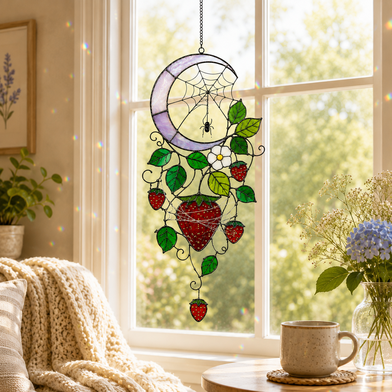 Strawberry Crescent Moon Holographic Acrylic Suncatcher