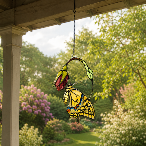 Swallowtail Butterfly & Pink Blossom Holographic Acrylic Suncatcher