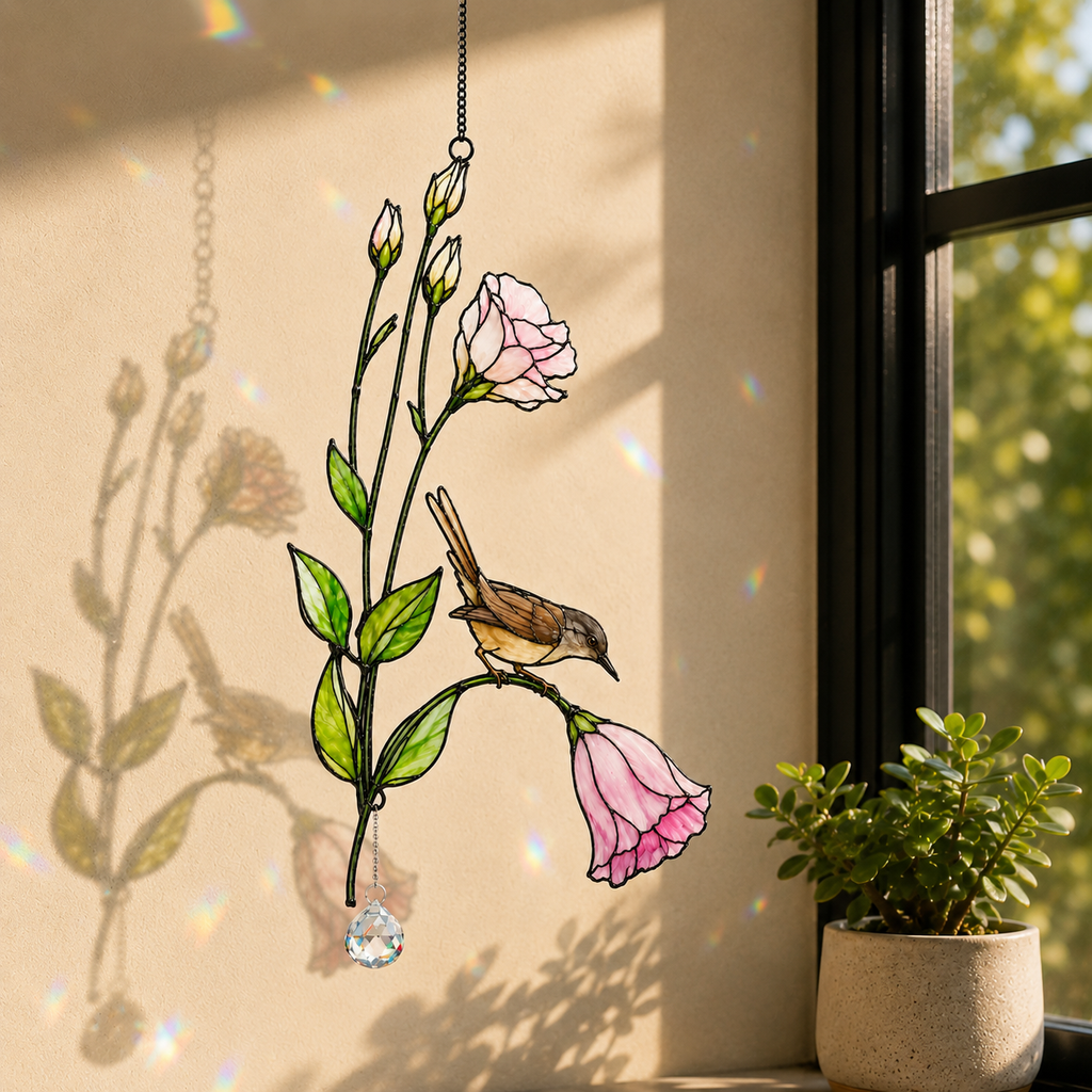 Wren & Pink Lisianthus Holographic Acrylic Suncatcher