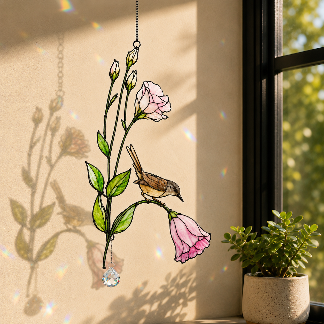 Wren & Pink Lisianthus Holographic Acrylic Suncatcher