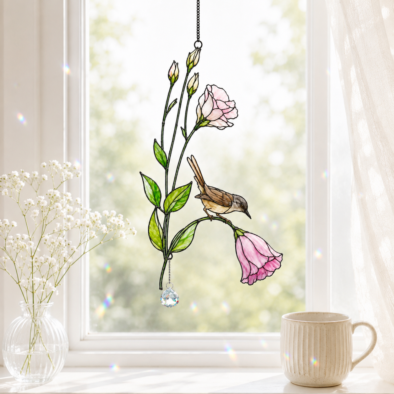 Wren & Pink Lisianthus Holographic Acrylic Suncatcher