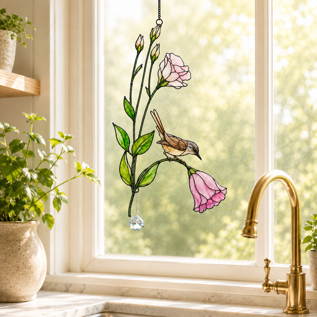 Wren & Pink Lisianthus Holographic Acrylic Suncatcher