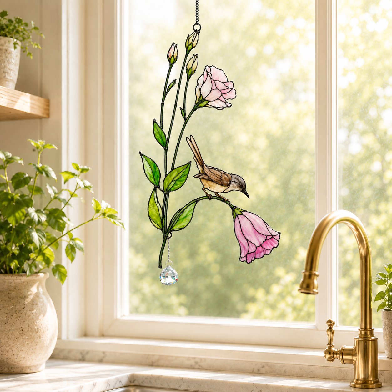 Wren & Pink Lisianthus Holographic Acrylic Suncatcher