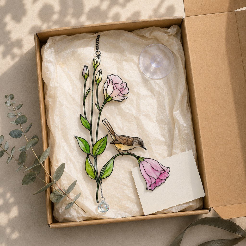 Wren & Pink Lisianthus Holographic Acrylic Suncatcher