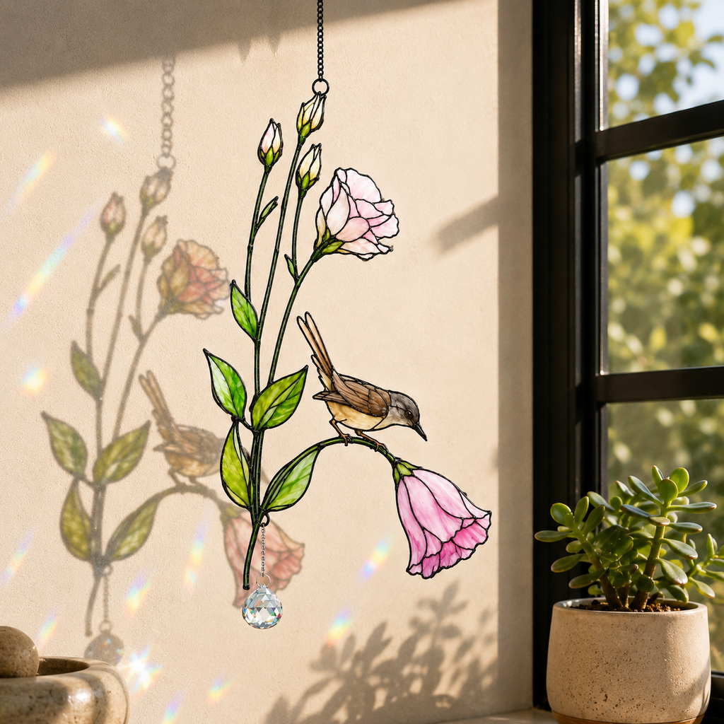 Wren & Pink Lisianthus Holographic Acrylic Suncatcher