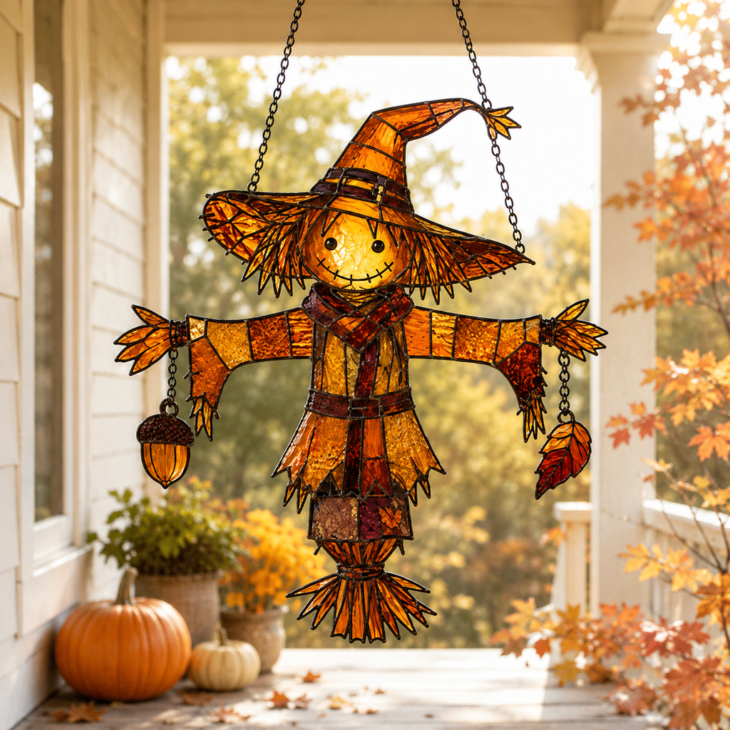 Scarecrow in Witch Hat with Acorn & Leaf Holographic Acrylic Suncatcher