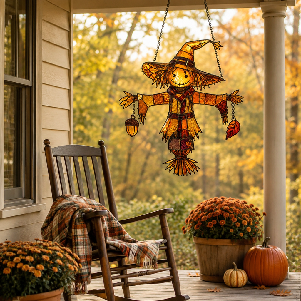Scarecrow in Witch Hat with Acorn & Leaf Holographic Acrylic Suncatcher