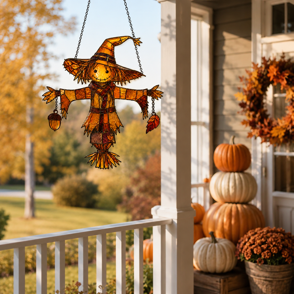 Scarecrow in Witch Hat with Acorn & Leaf Holographic Acrylic Suncatcher
