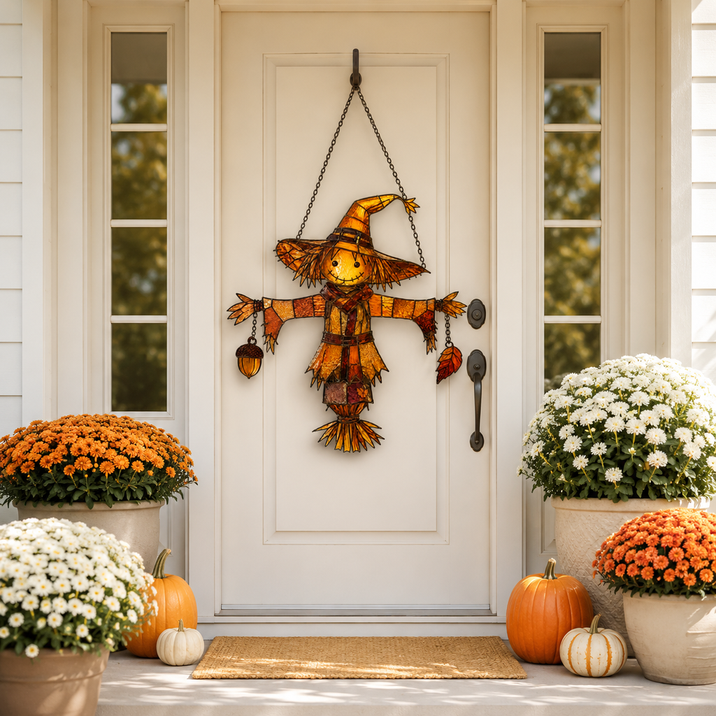 Scarecrow in Witch Hat with Acorn & Leaf Holographic Acrylic Suncatcher