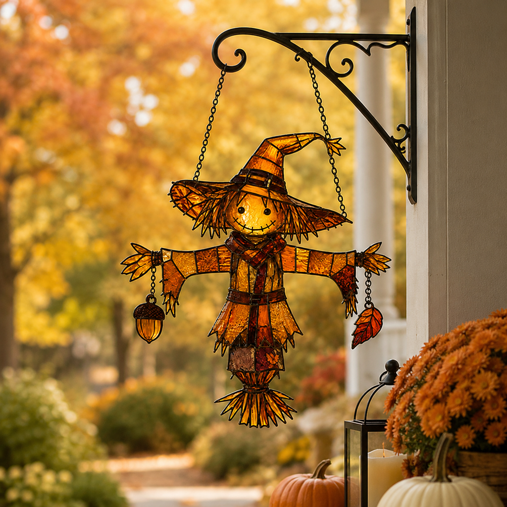 Scarecrow in Witch Hat with Acorn & Leaf Holographic Acrylic Suncatcher
