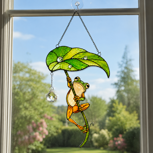 Frog with Leaf Umbrella Holographic Acrylic Suncatcher