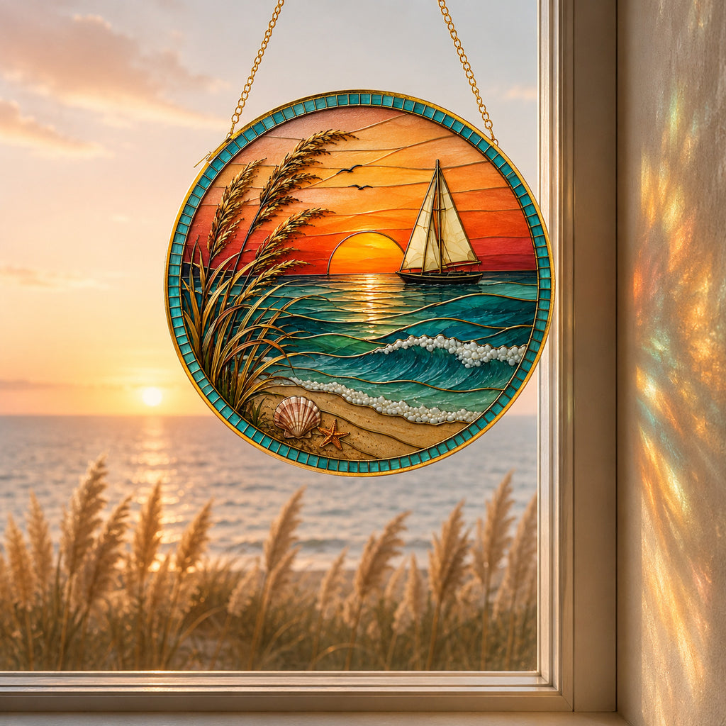 [ PIXIWOO] Stained Glass Suncatcher Sunset Sailboat Window Hanging Decor, Ocean Beach Acrylic Ornament, Coastal Beach House Wall Art, Nautical Sea Waves Sun Catcher Gift for Ocean Lovers