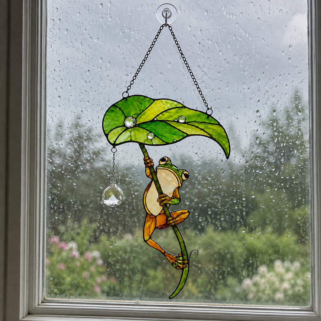 Frog with Leaf Umbrella Holographic Acrylic Suncatcher