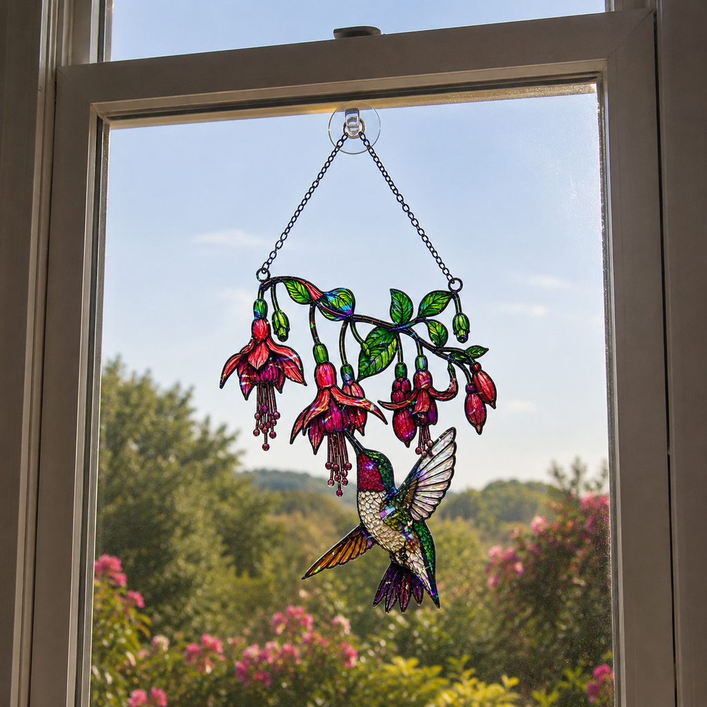 Fuchsia Hummingbird Holographic Acrylic Suncatcher