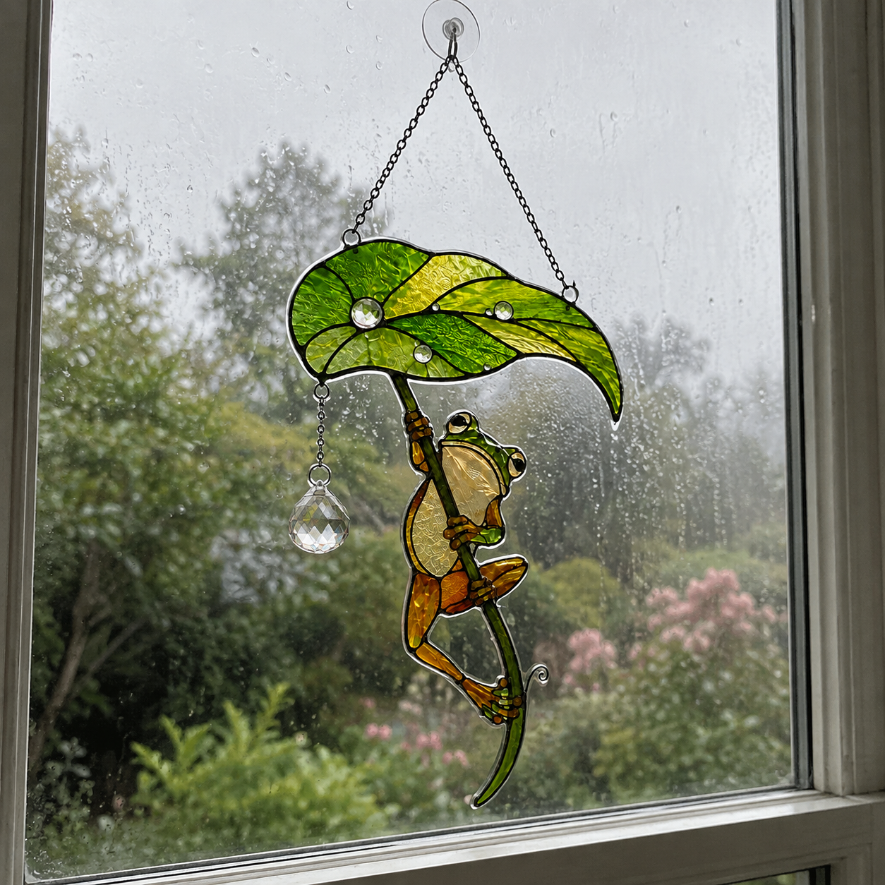 Frog with Leaf Umbrella Holographic Acrylic Suncatcher