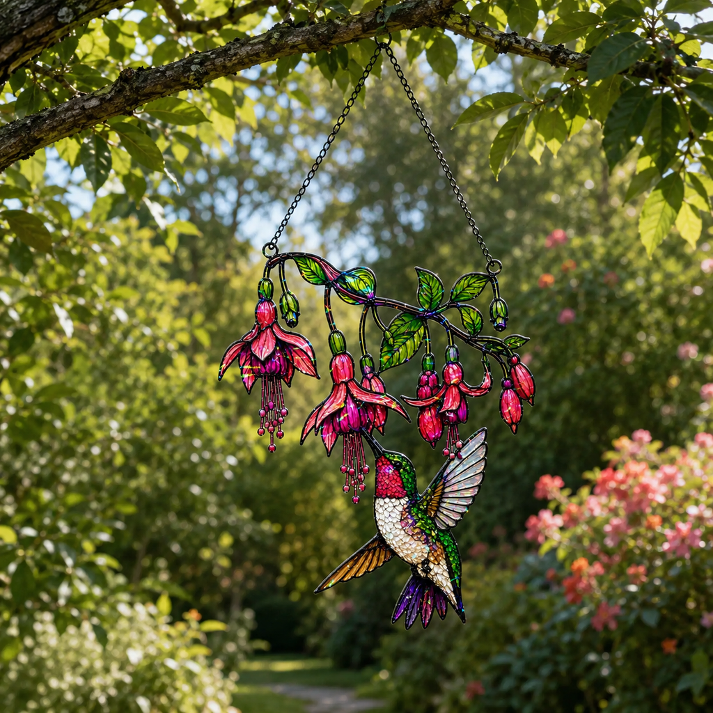 Fuchsia Hummingbird Holographic Acrylic Suncatcher