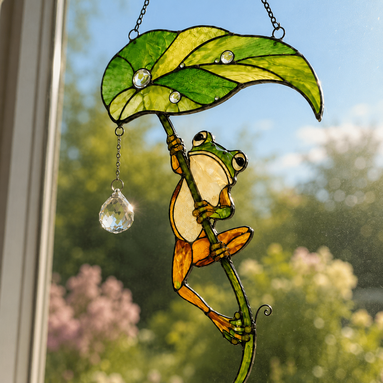 Frog with Leaf Umbrella Holographic Acrylic Suncatcher
