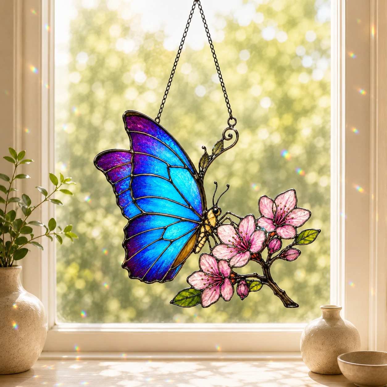 Blue Morpho Butterfly & Pink Cherry Blossom Holographic Acrylic Suncatcher