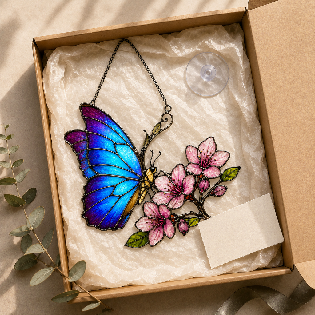 Blue Morpho Butterfly & Pink Cherry Blossom Holographic Acrylic Suncatcher