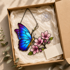 Blue Morpho Butterfly & Pink Cherry Blossom Holographic Acrylic Suncatcher