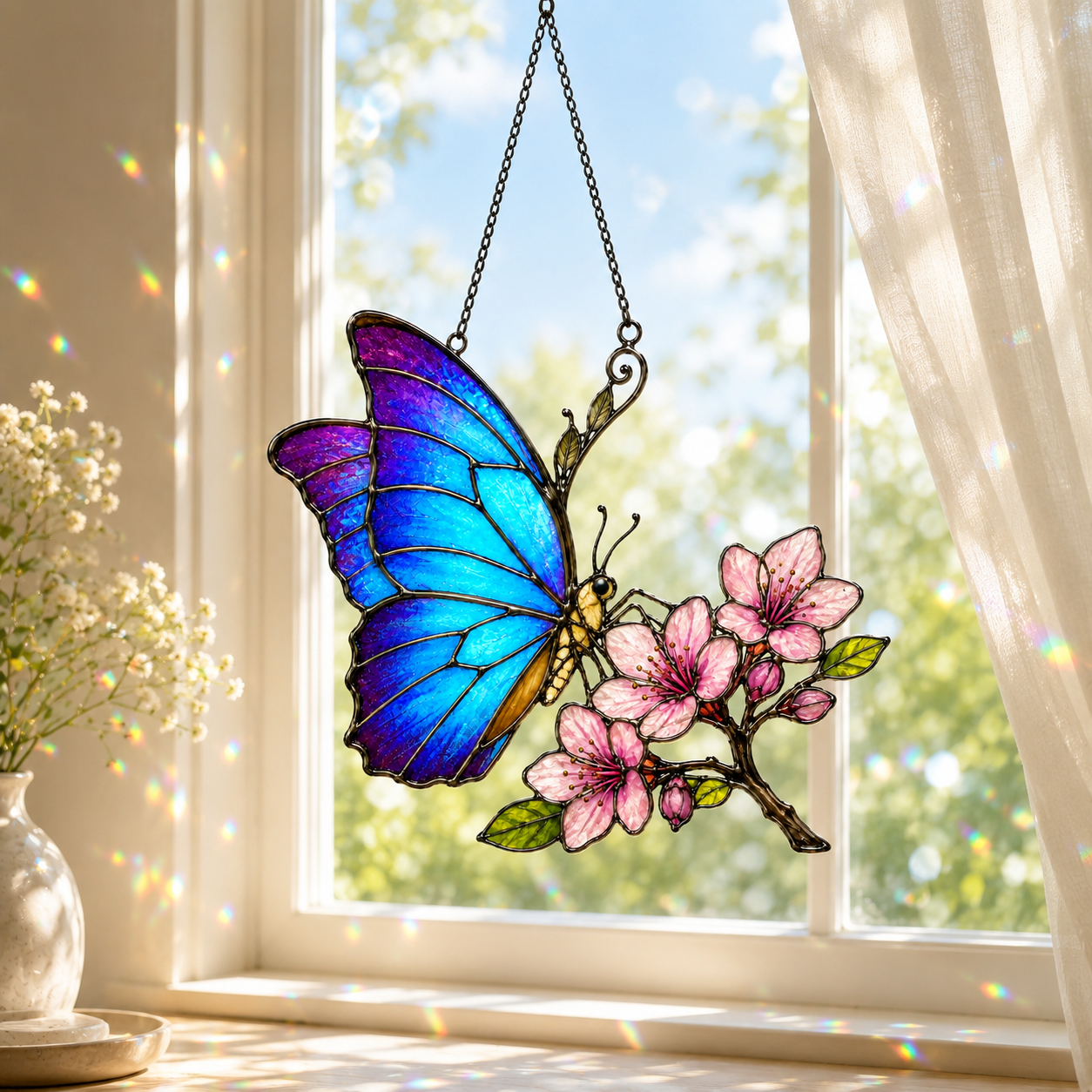 Blue Morpho Butterfly & Pink Cherry Blossom Holographic Acrylic Suncatcher