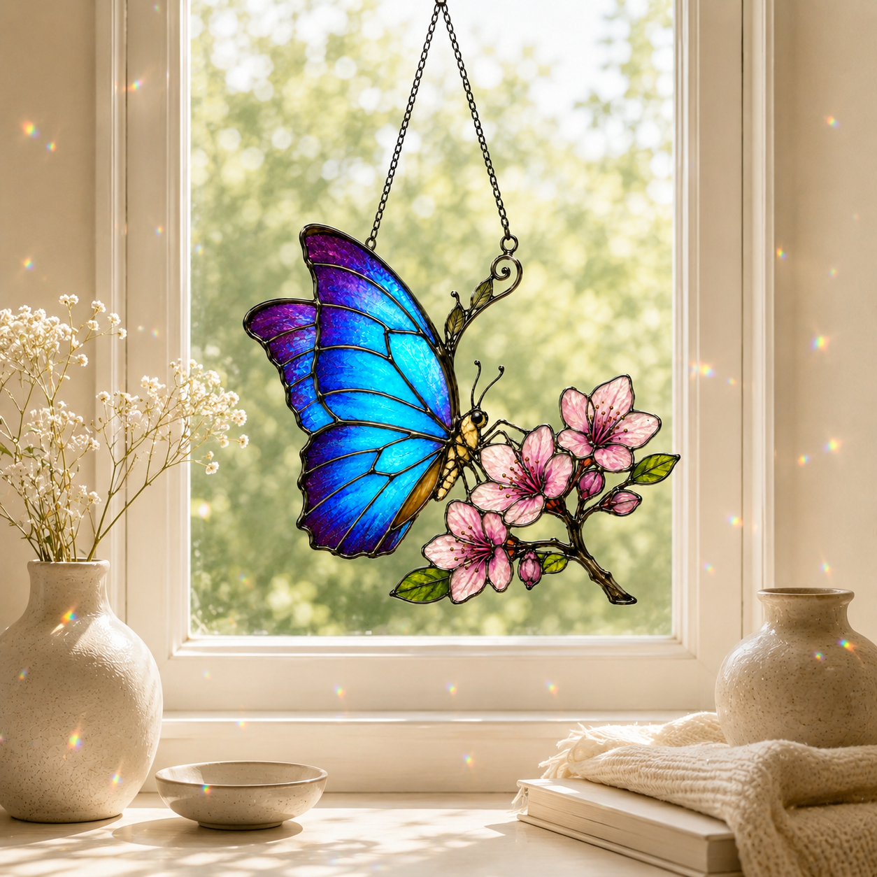 Blue Morpho Butterfly & Pink Cherry Blossom Holographic Acrylic Suncatcher