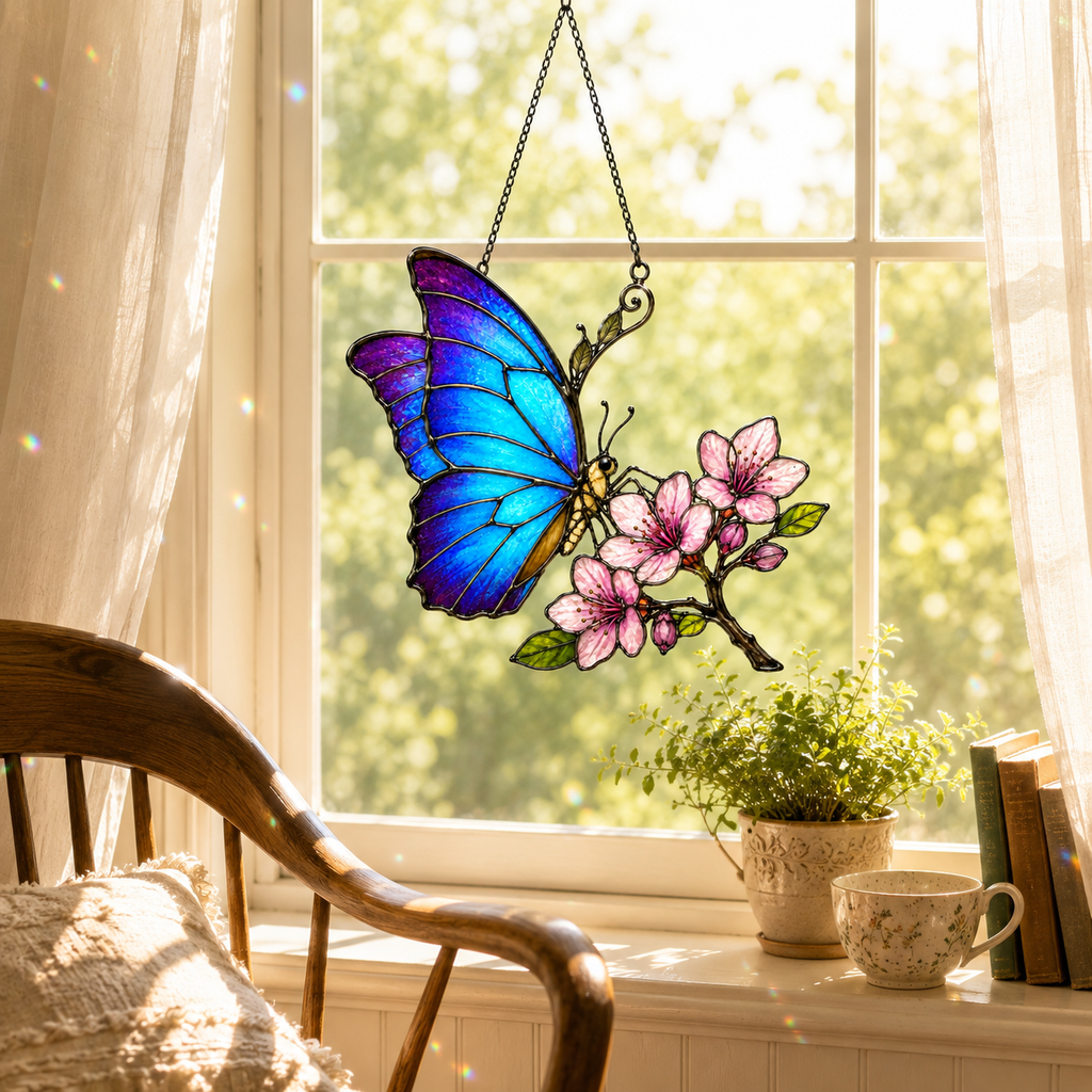 Blue Morpho Butterfly & Pink Cherry Blossom Holographic Acrylic Suncatcher