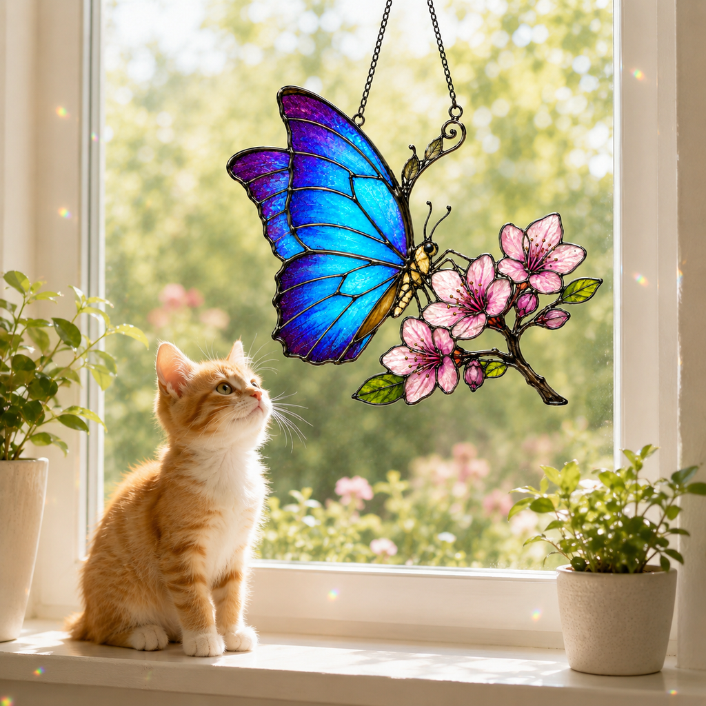 Blue Morpho Butterfly & Pink Cherry Blossom Holographic Acrylic Suncatcher