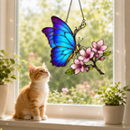 Blue Morpho Butterfly & Pink Cherry Blossom Holographic Acrylic Suncatcher