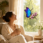 Blue Morpho Butterfly & Pink Cherry Blossom Holographic Acrylic Suncatcher