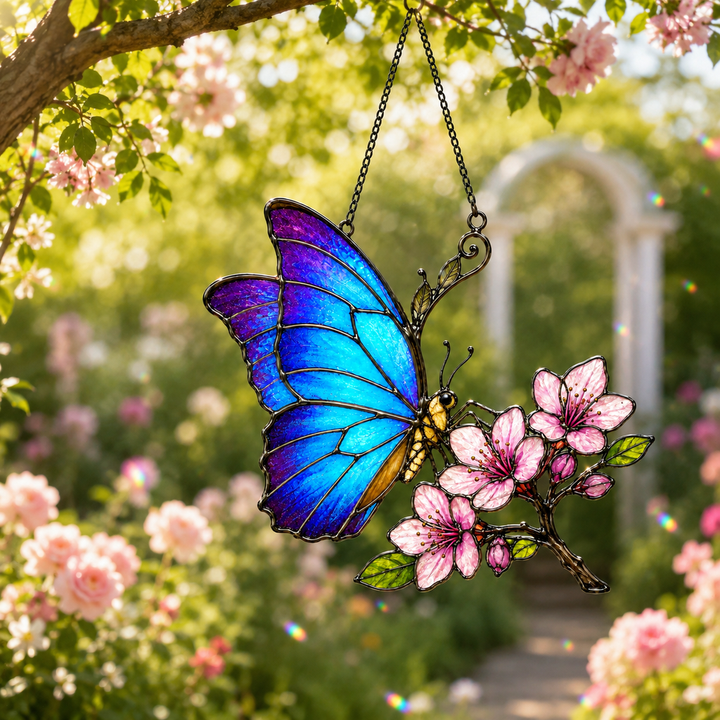 Blue Morpho Butterfly & Pink Cherry Blossom Holographic Acrylic Suncatcher