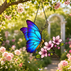 Blue Morpho Butterfly & Pink Cherry Blossom Holographic Acrylic Suncatcher