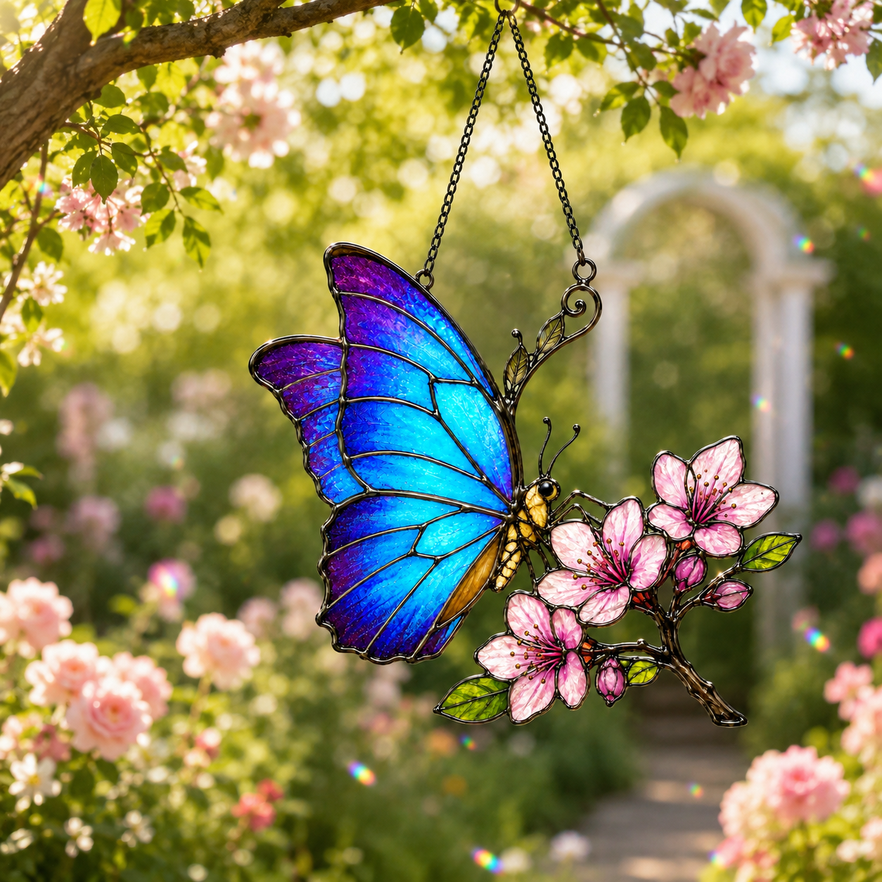 Blue Morpho Butterfly & Pink Cherry Blossom Holographic Acrylic Suncatcher