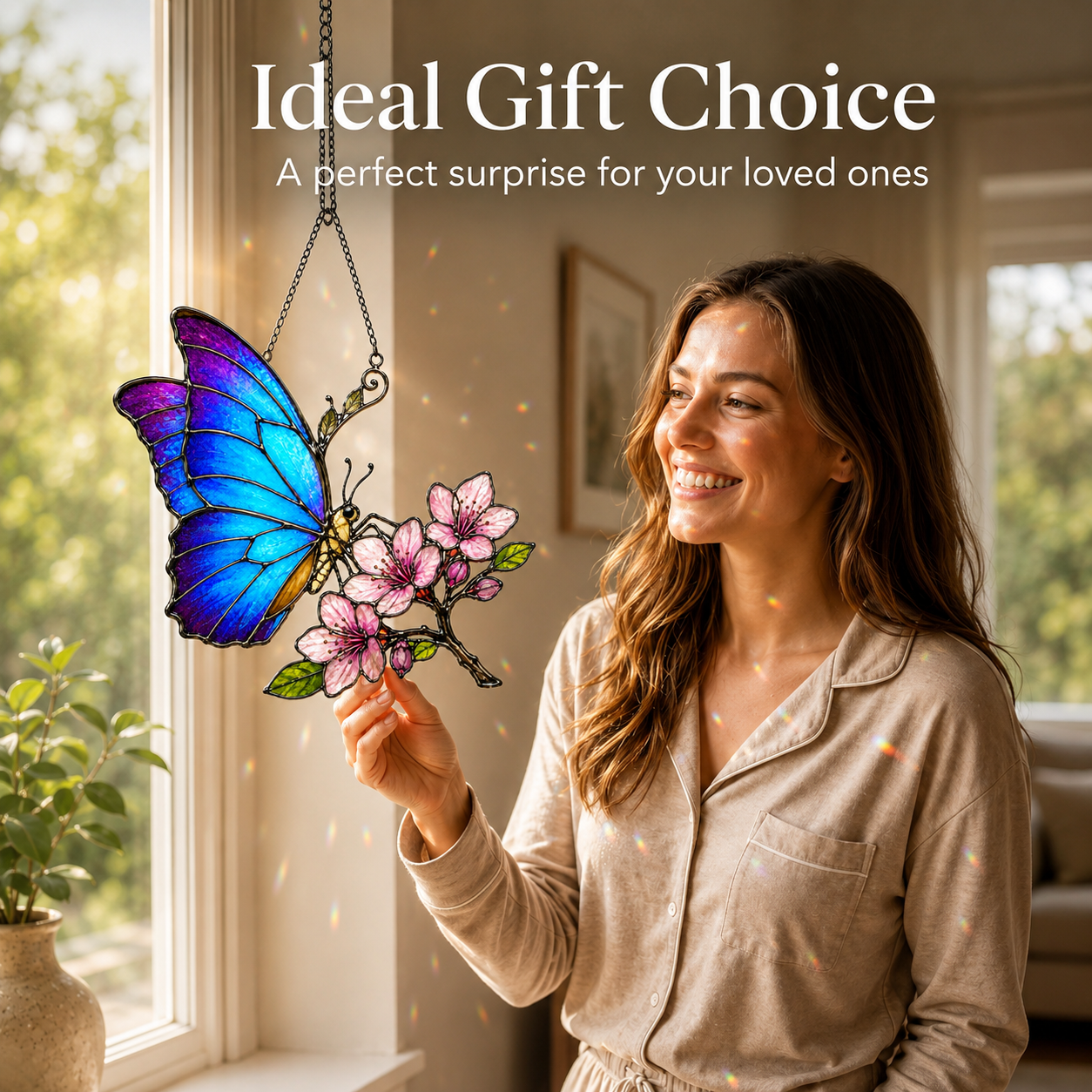 Blue Morpho Butterfly & Pink Cherry Blossom Holographic Acrylic Suncatcher