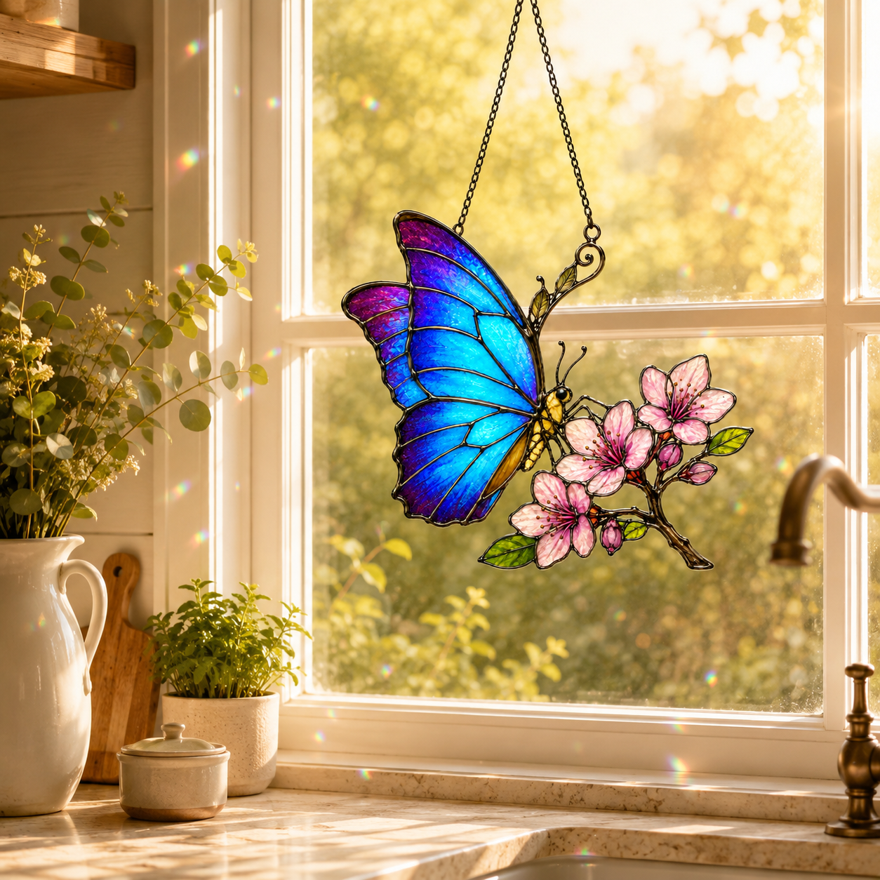 Blue Morpho Butterfly & Pink Cherry Blossom Holographic Acrylic Suncatcher