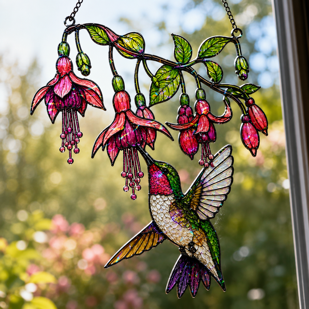 Fuchsia Hummingbird Holographic Acrylic Suncatcher