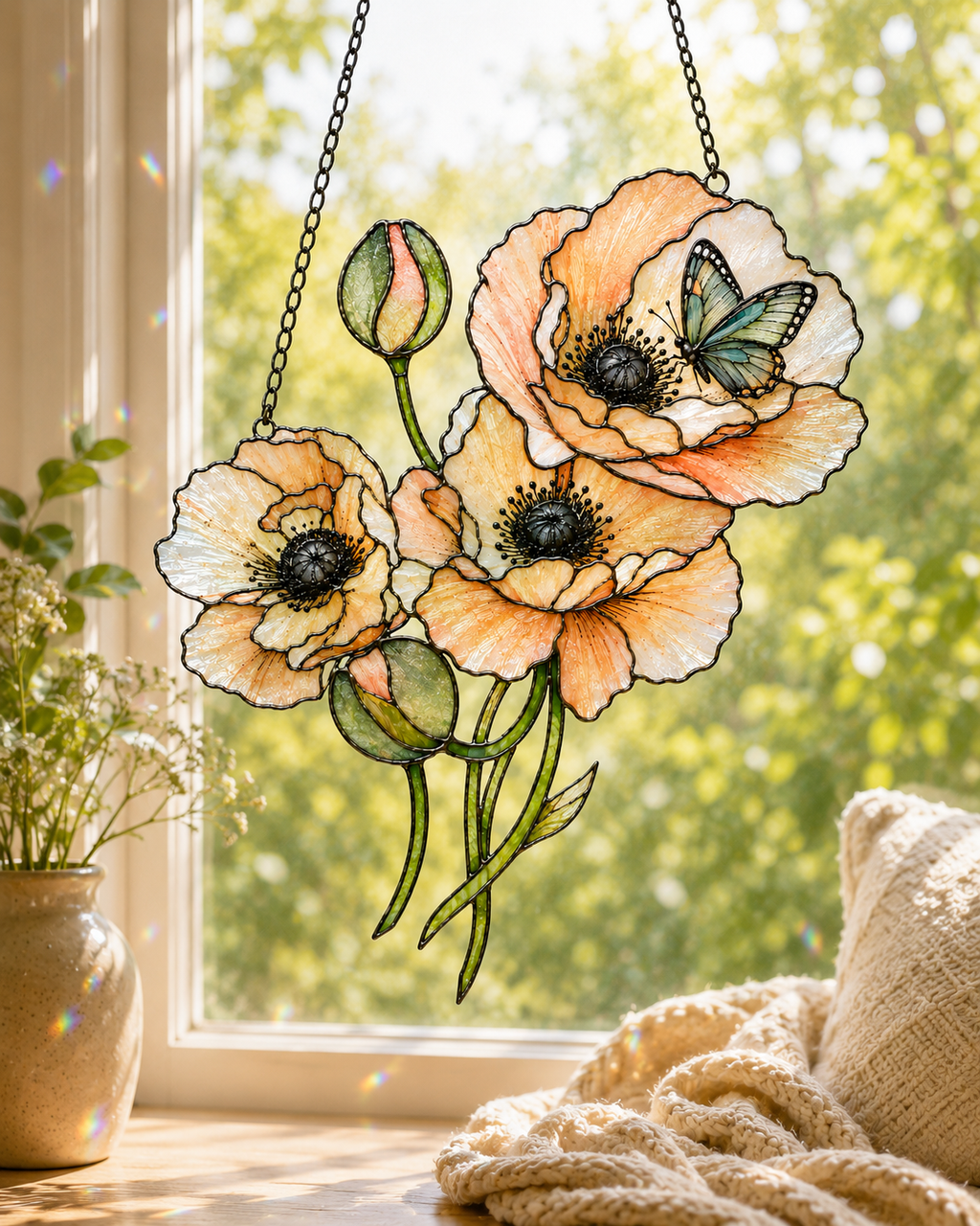 Peach Poppies & Butterfly Holographic Acrylic Suncatcher