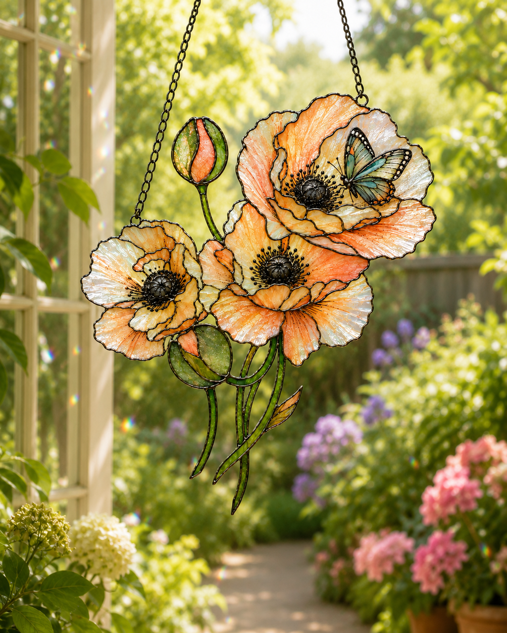 Peach Poppies & Butterfly Holographic Acrylic Suncatcher