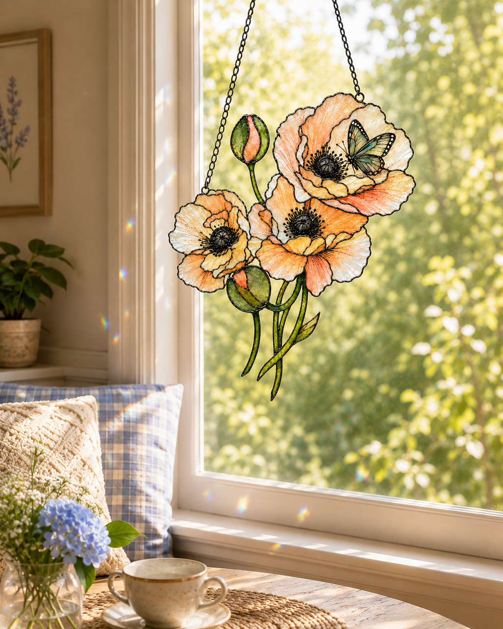 Peach Poppies & Butterfly Holographic Acrylic Suncatcher