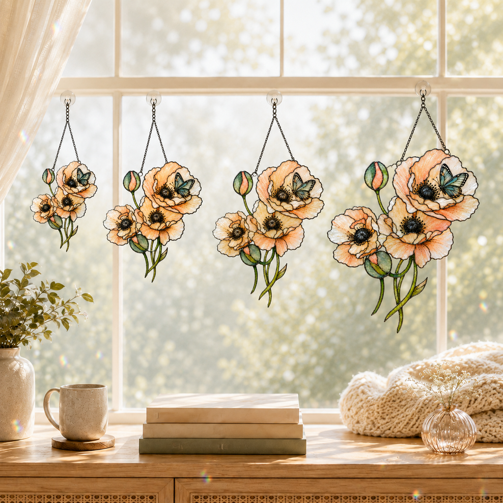 Peach Poppies & Butterfly Holographic Acrylic Suncatcher
