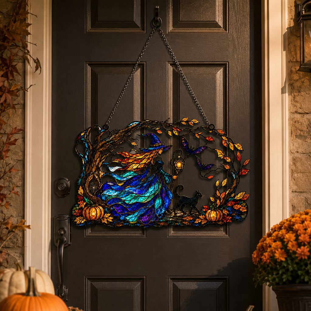 Witch with Flowing Gown & Black Cat Autumn Tree Holographic Acrylic Suncatcher
