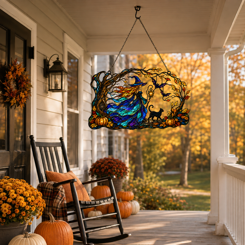 Witch with Flowing Gown & Black Cat Autumn Tree Holographic Acrylic Suncatcher